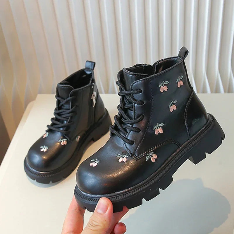 Ankle Sweet Embroider Spring Autumn Leather Boots