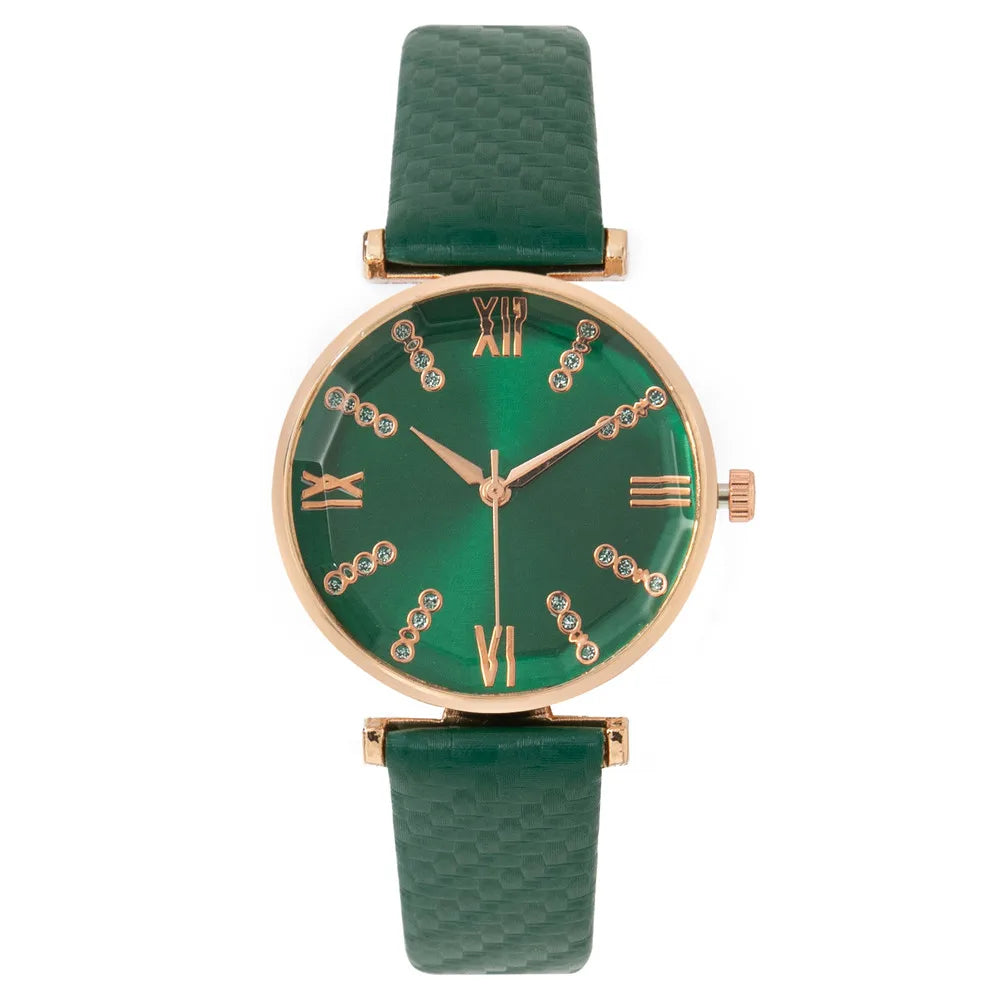 Luxury Diamond Roman Quartz Green Leather Strap Wristwatches