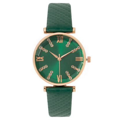 Luxury Diamond Roman Quartz Green Leather Strap Wristwatches