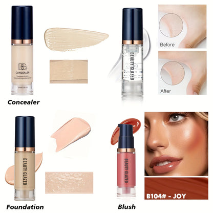 4Pcs Set Primer + Concealer + Liquid Foundation + Liquid Blush Matte Velvet Waterproof Foundation