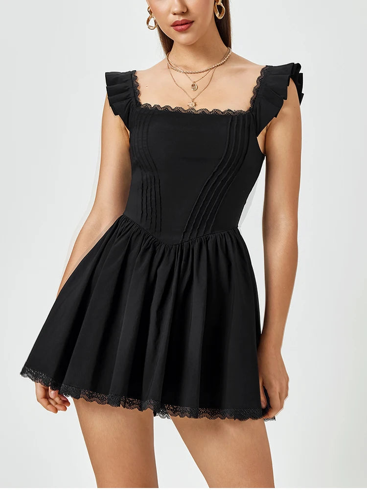 Sexy Square-neck Mini Y2K Elegant Ruffles Sleeveless Slim Dress