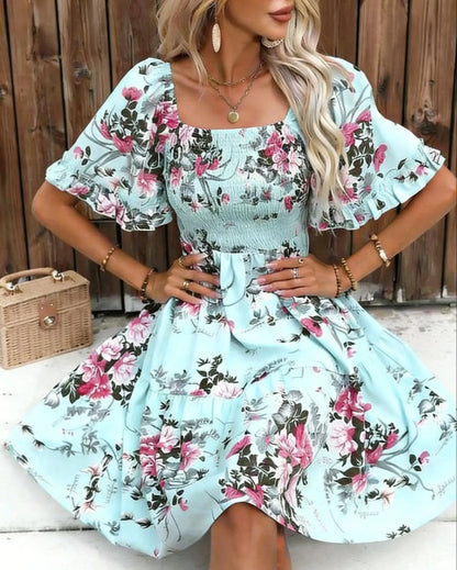 Boho Floral Print Square Neck Smocked Waist Ruffle Mini Dress
