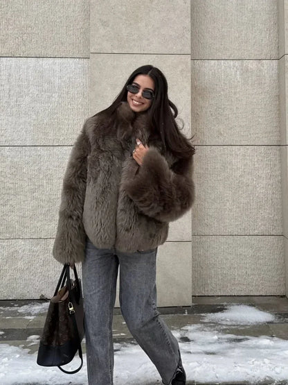 Faux Fur Long Sleeve Stand Short Jackets