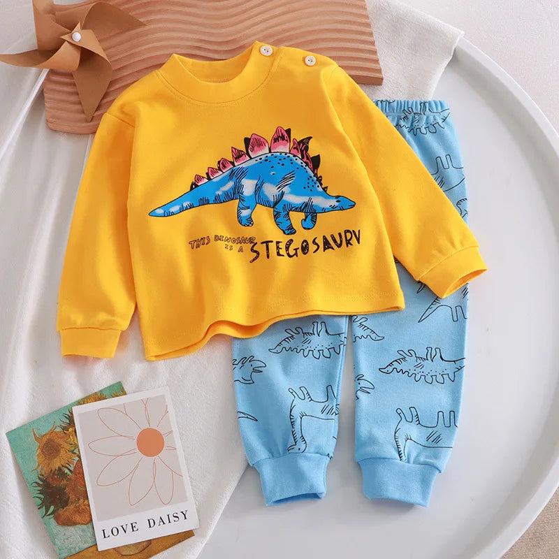 Autumn Cartoon Cat Print Long Sleeve Cotton Sleepwear Pajamas Set