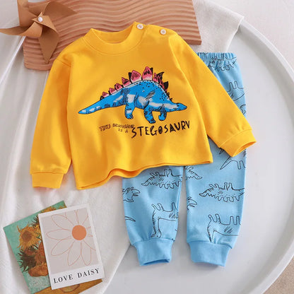 Autumn Cartoon Cat Print Long Sleeve Cotton Sleepwear Pajamas Set