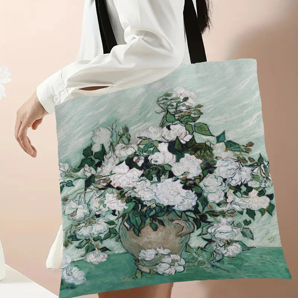 Linen Oil Painting Starry Night Flower Handbag