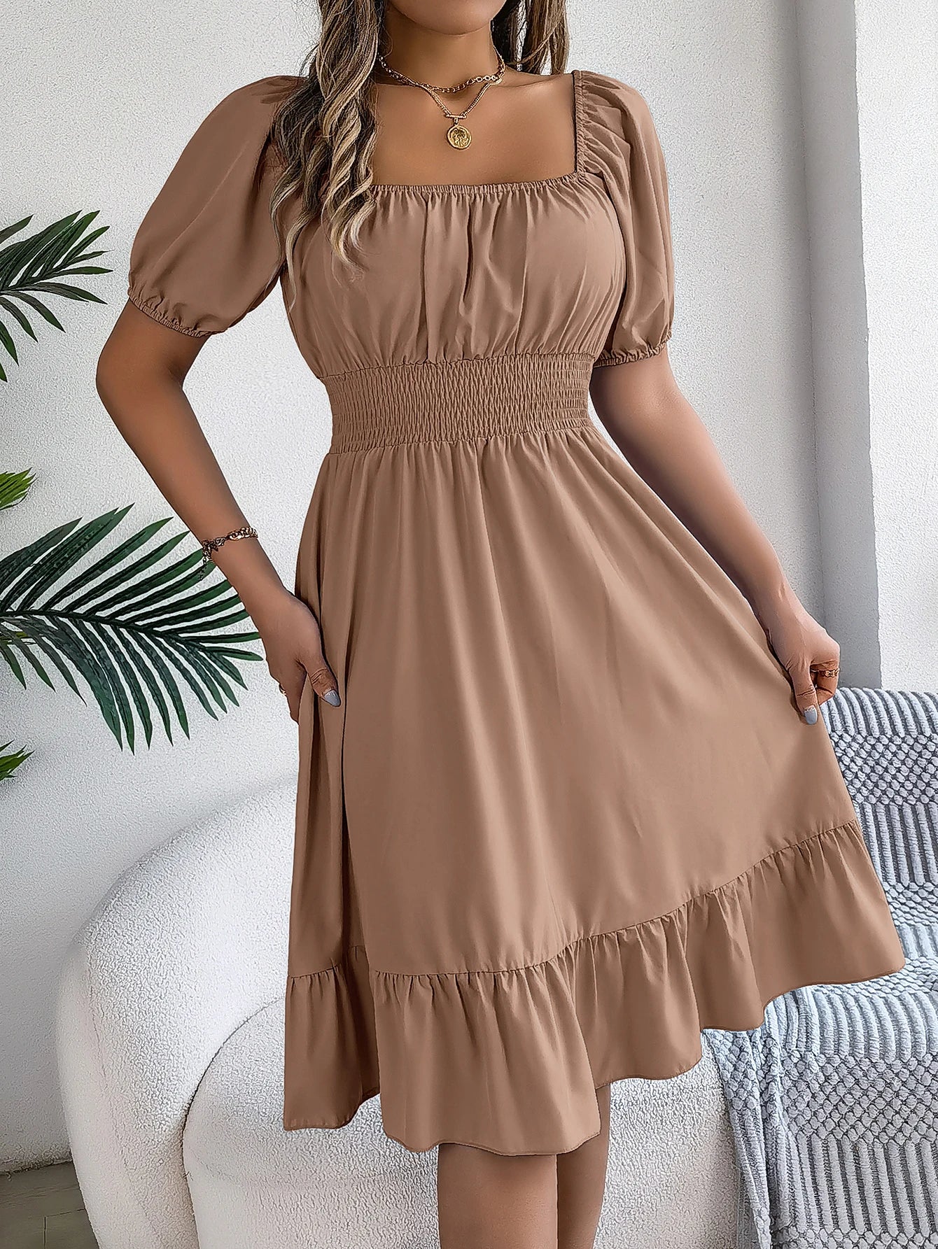 Puff Sleeve Square Neck Dress