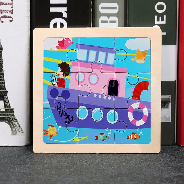 11X11CM Kids Wooden Puzzle Cartoon Animal Traffic Toys