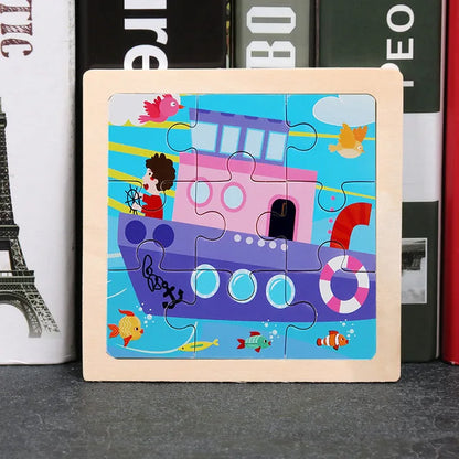 11X11CM Kids Wooden Puzzle Cartoon Animal Traffic Toys