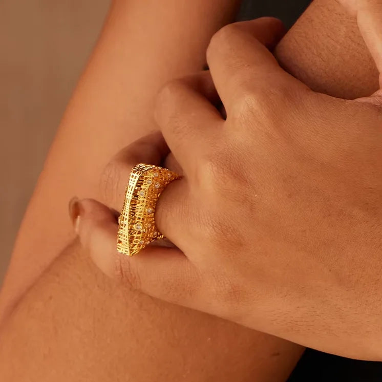 Unique Hollow Design Zircon Inlay Brass Plated 18k Gold & White Gold Rings