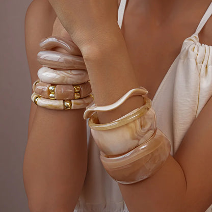 Vintage Smudging Beige Coffee Acrylic Cuff Wide Resin Bracelet