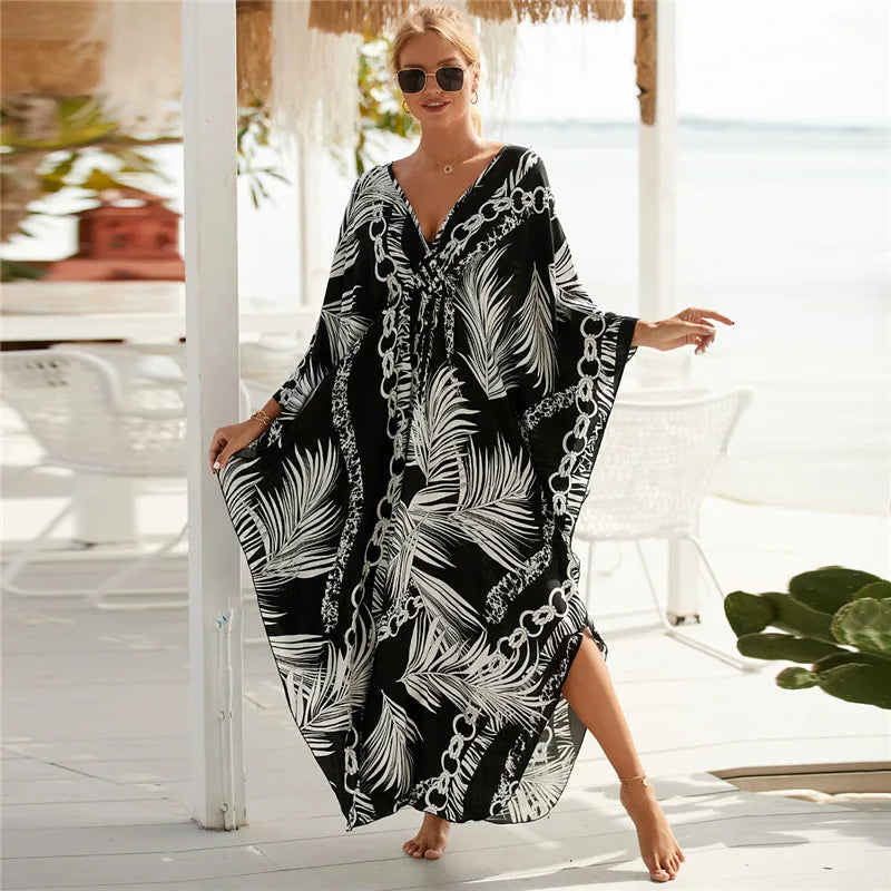 Plus Size Animal Print V-Neck Batwing Kaftan Beach Dress