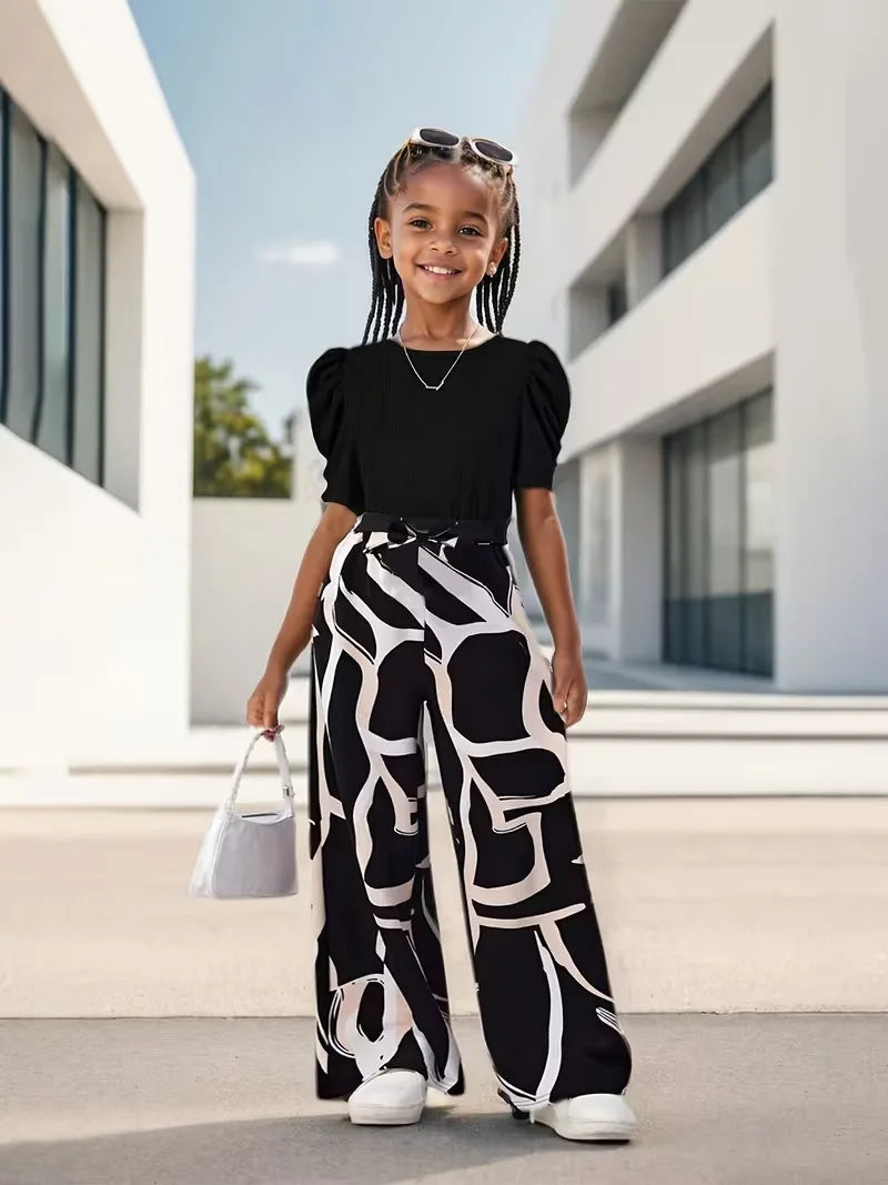 Green Puff Sleeve Ribbed Abstract Print Wide Leg Pants Set