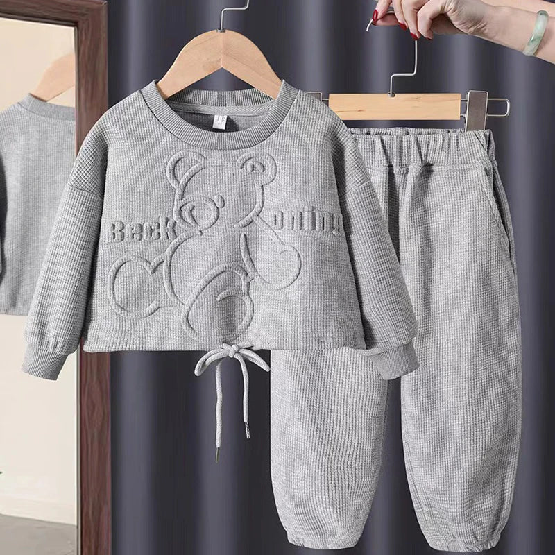 3-8 Years Casual Spring Autumn Cartoon Bear Print Long Sleeved Outfit Set