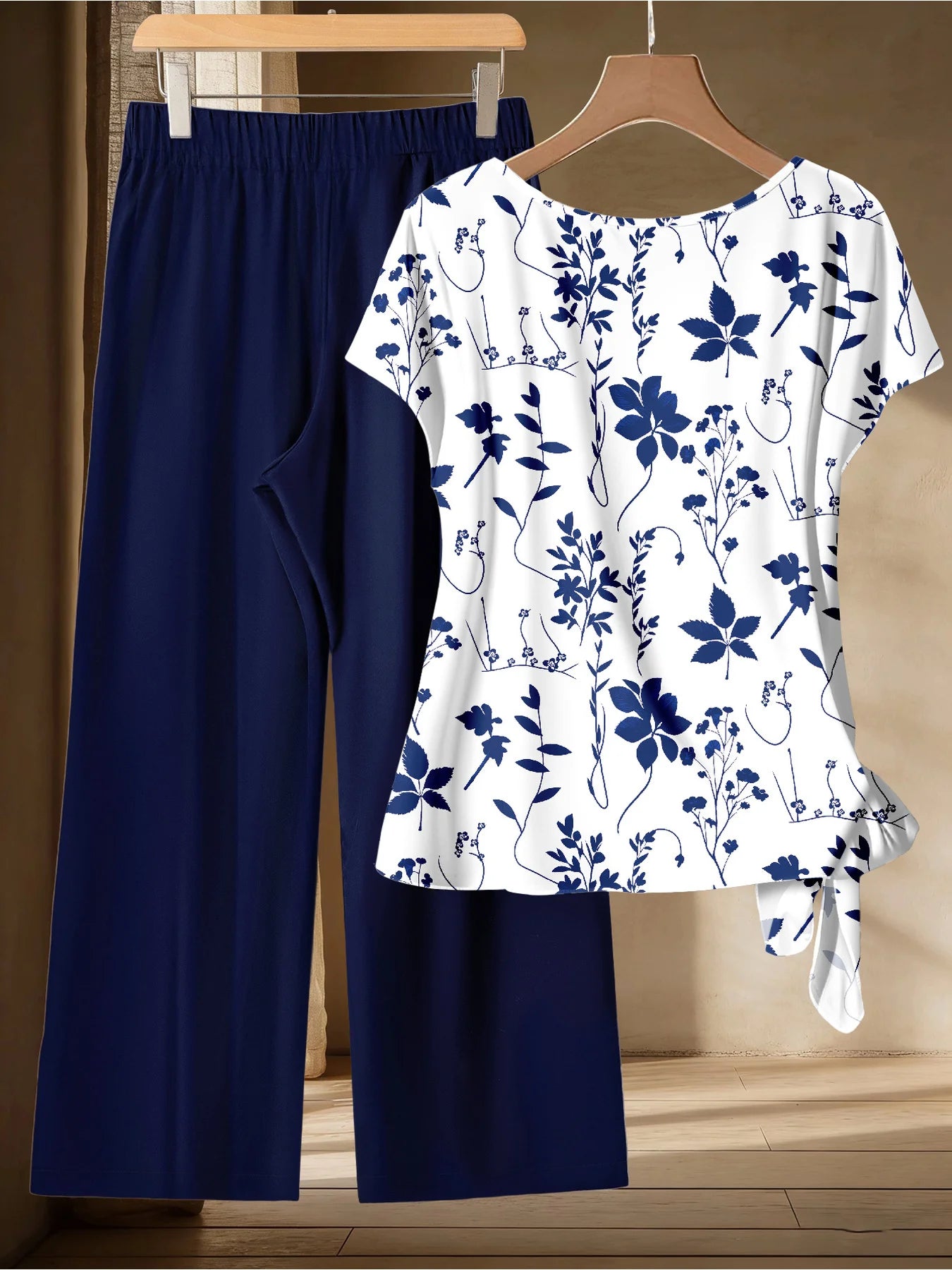 Casual Plus Size White Plant Pattern Twisted Wide Leg Pants Set