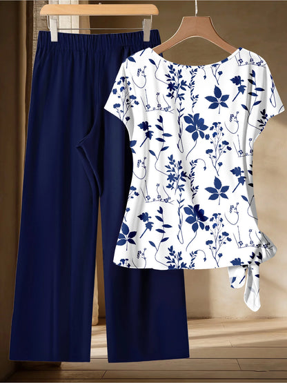 Casual Plus Size White Plant Pattern Twisted Wide Leg Pants Set