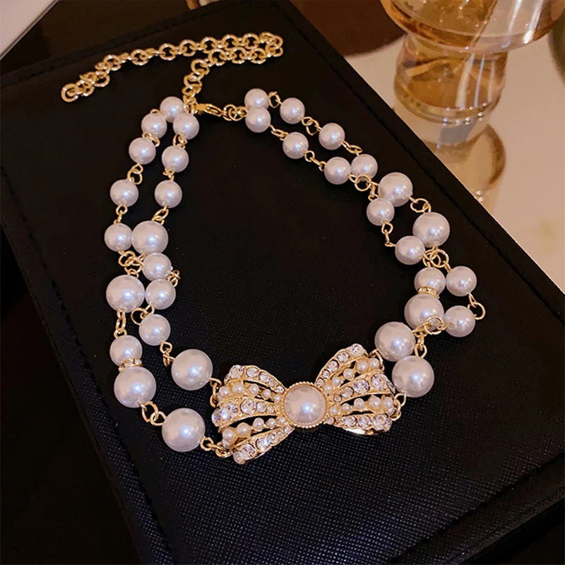 Big Imitation Pearl Necklace Bow Choker Necklace