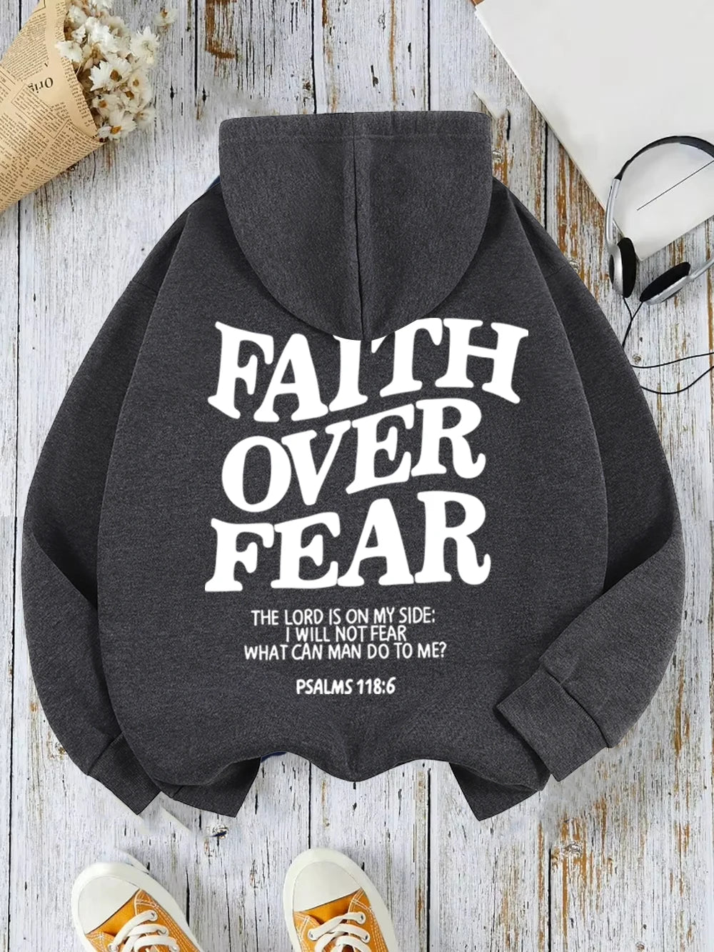 Casual Hoodies Faith Over Fear Letter Printing Sweatshirts Pocket Pullovers