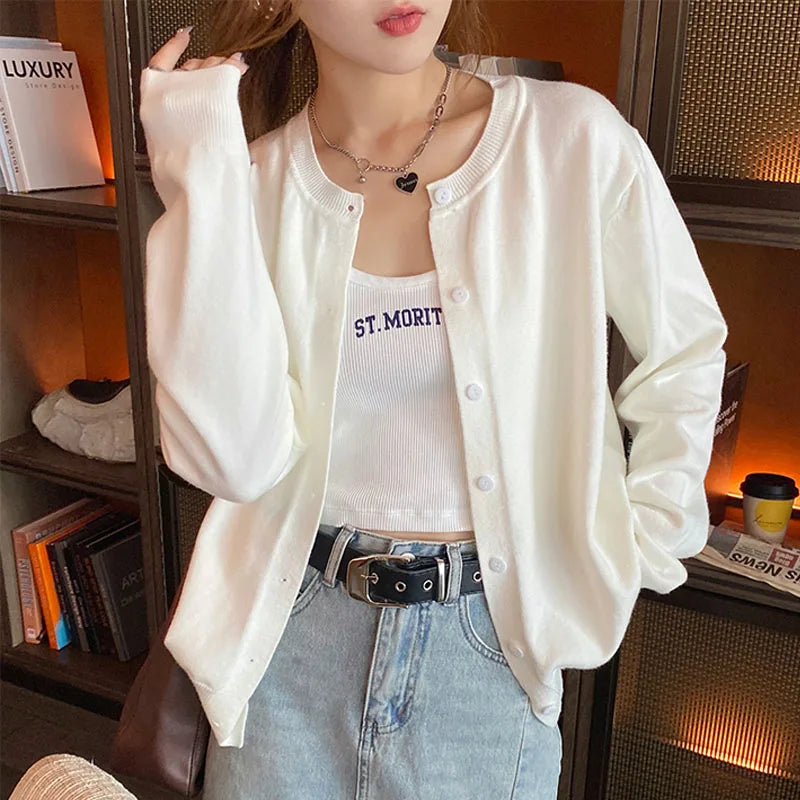 Knitted Cardigans Long Sleeve O-Neck White Knit Cardigan Tops Sweaters
