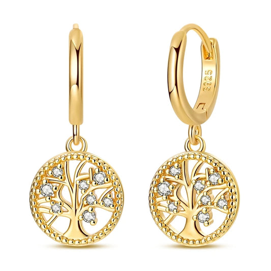 925 Sterling Silver Sparkling Gold Plated Tree of Life Hoop Earring