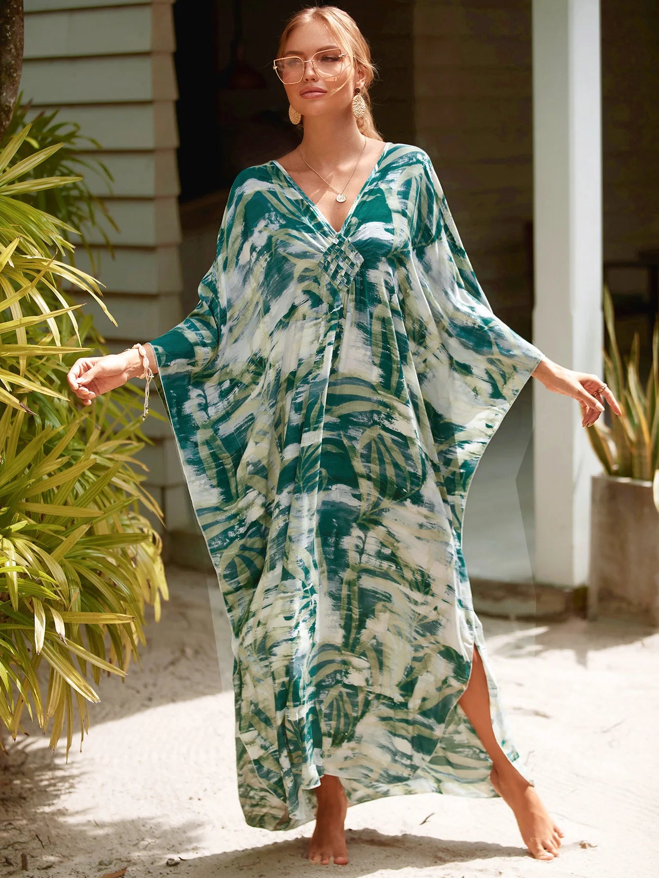 Plus Size Animal Print V-Neck Batwing Kaftan Beach Dress