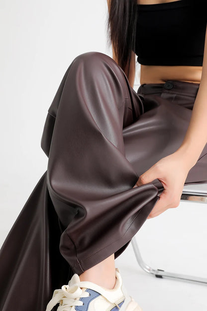 Fall Winter Fleece Loose Wide Leg Leather Pants