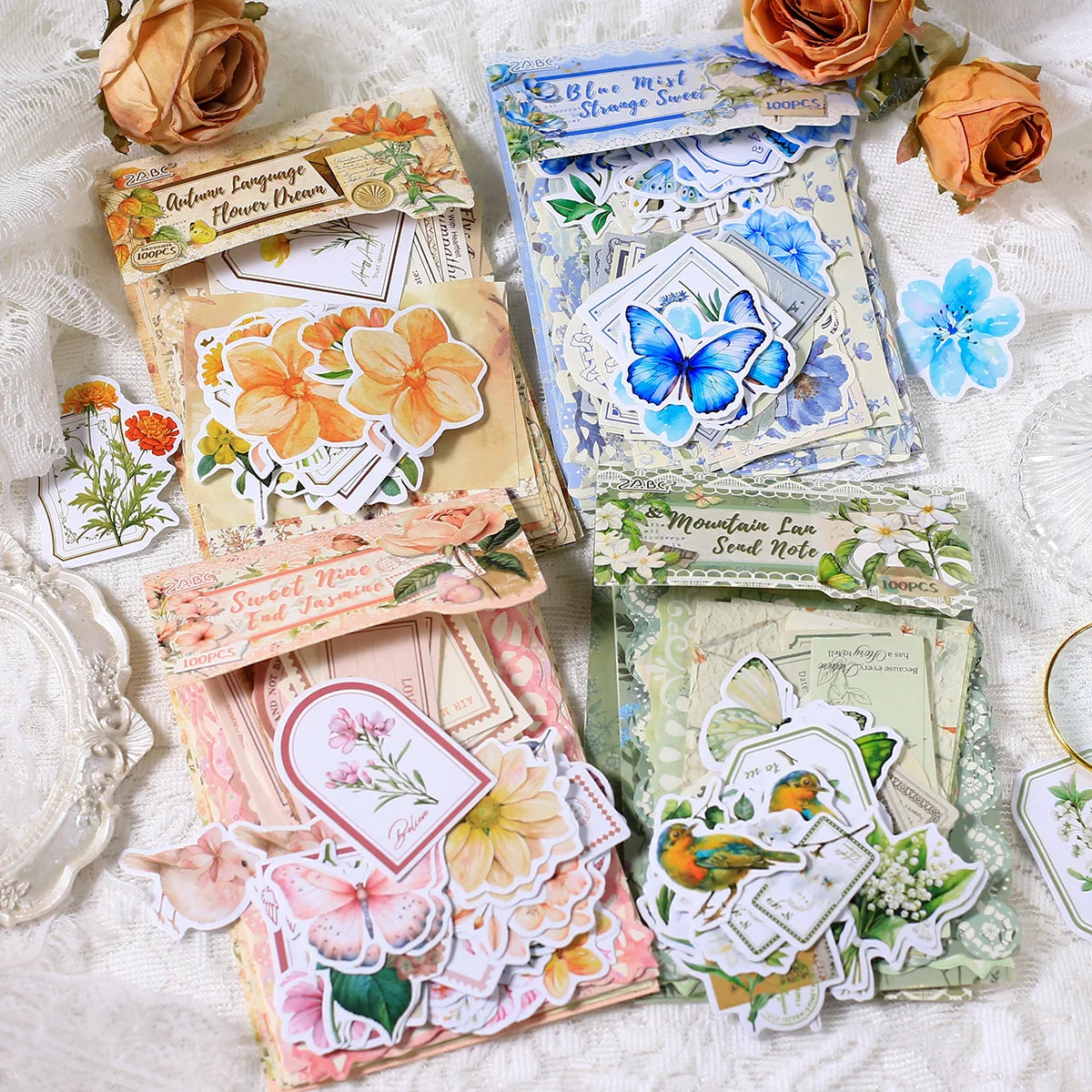 100 Pcs Vintage Scrapbooking Paper Collage Self-Adhesive Stickers