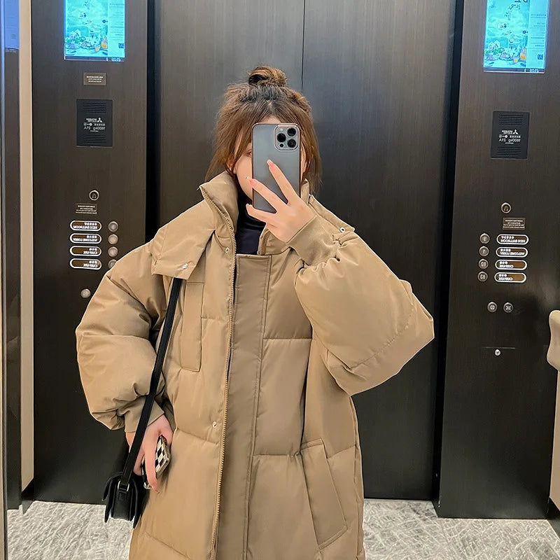 Long Thickened Down Cotton Bread Style Winter Korean Loose Long Knee Length Hooded Jacket