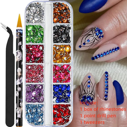 12Gird 3D Glass AB Crystal Nail Art Rhinestones Kit