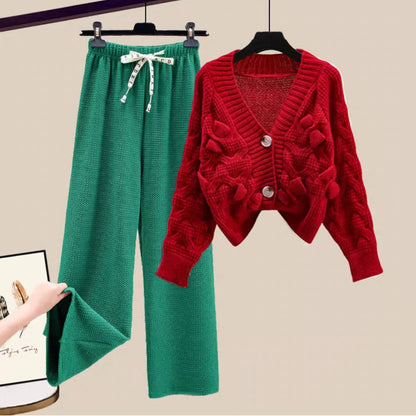 Korean Sweet Bow Outfit Long Sleeve Cardigan Knitwear Wide Leg Pants Set