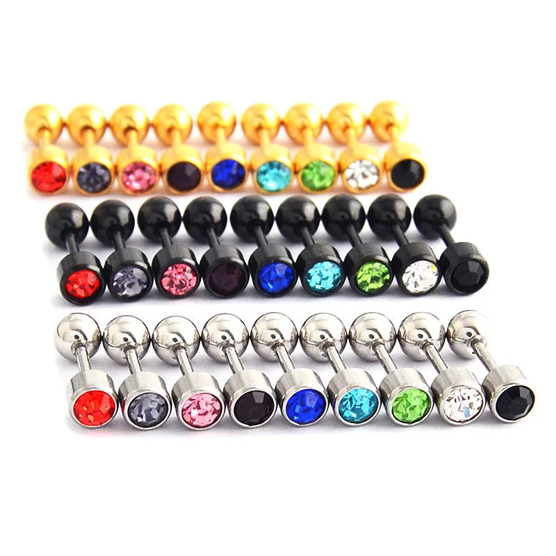 2Pcs Surgical Steel Crystal Screw Ball Stud Earrings
