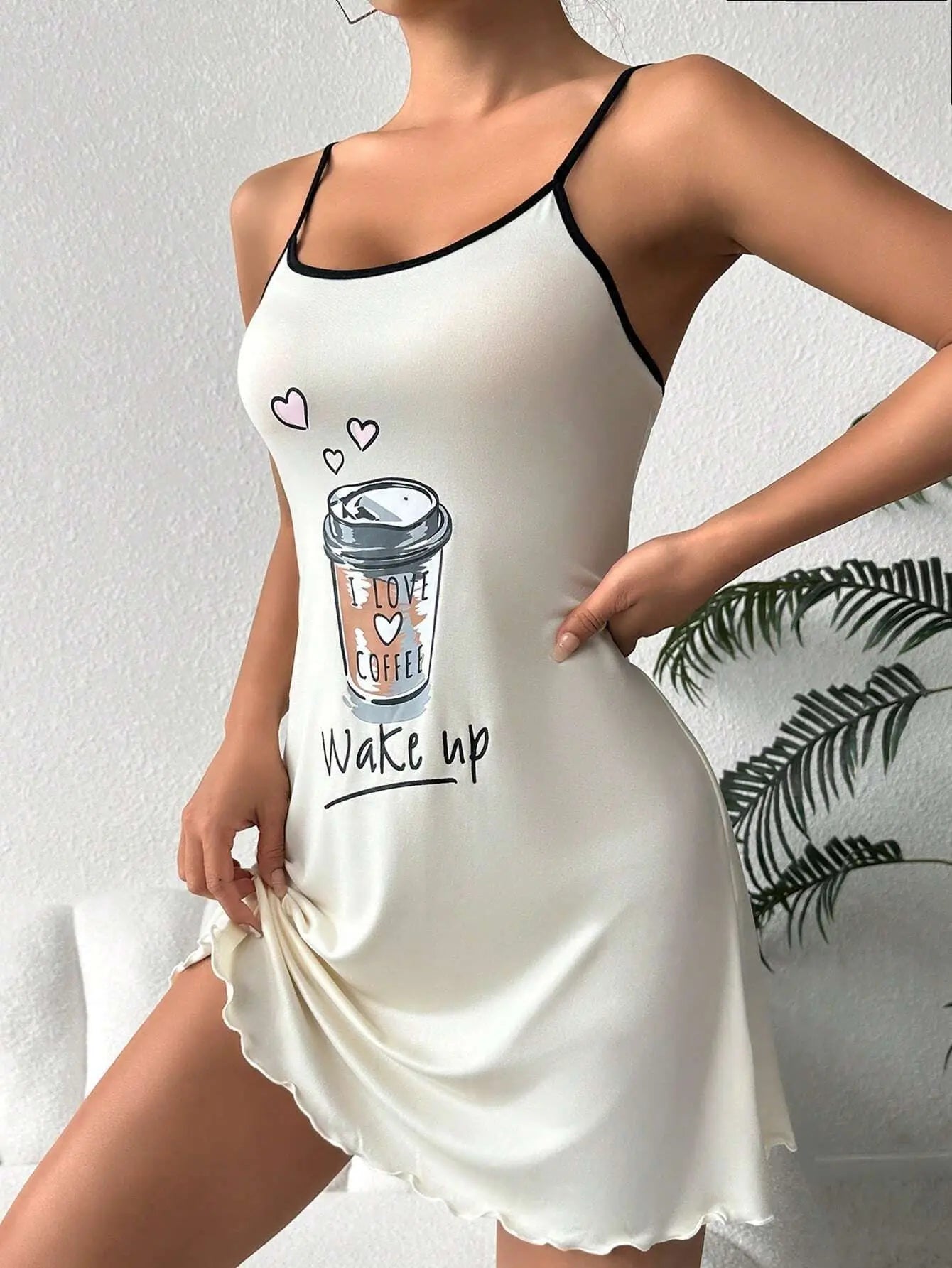 Cute Coffee Letter Print Sleep Spaghetti Mini Dress