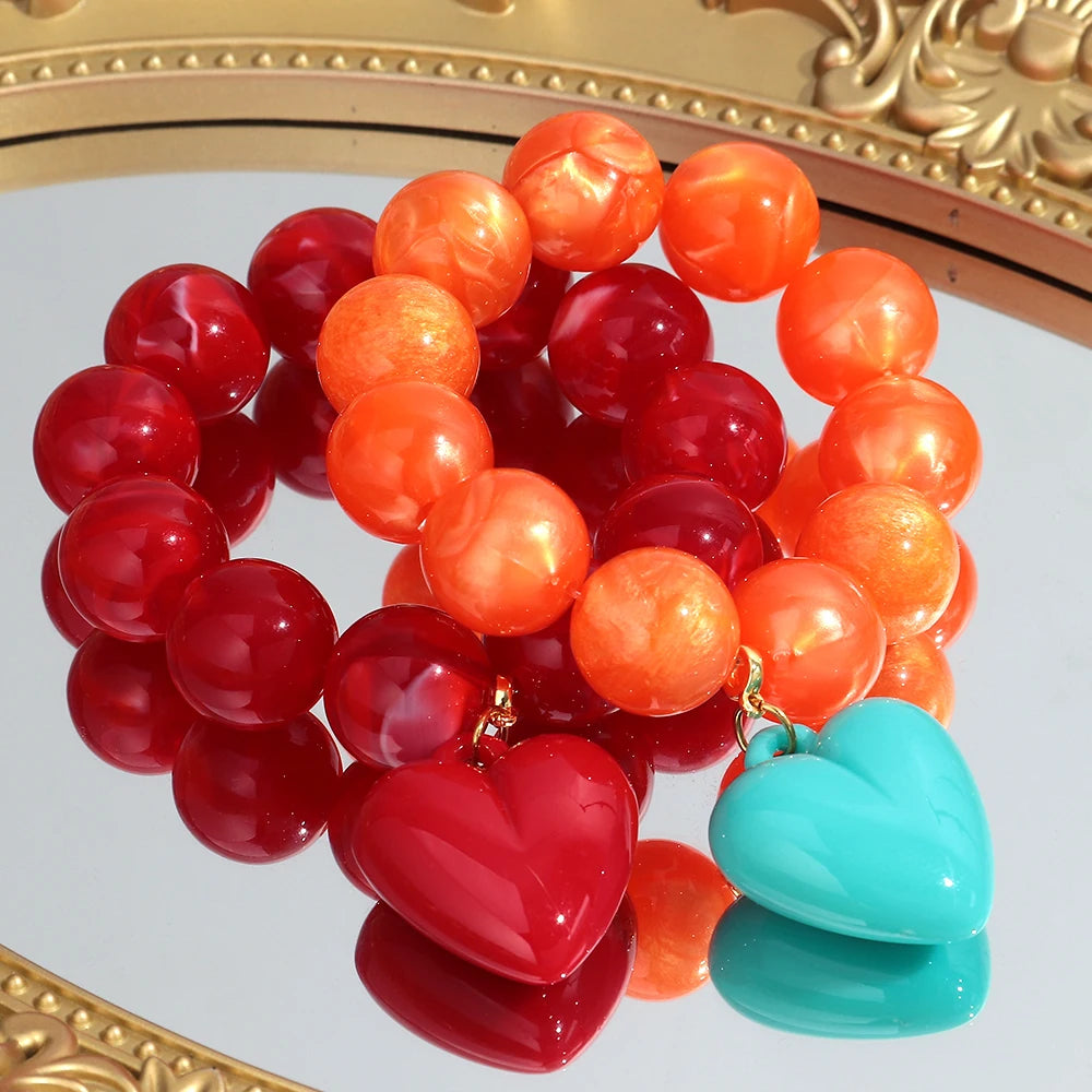Boho Colorful Round Beads Heart Pendant Elastic Bracelets