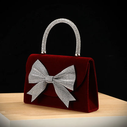 Velvet bow rhinestone handbag luxurious shoulder bag