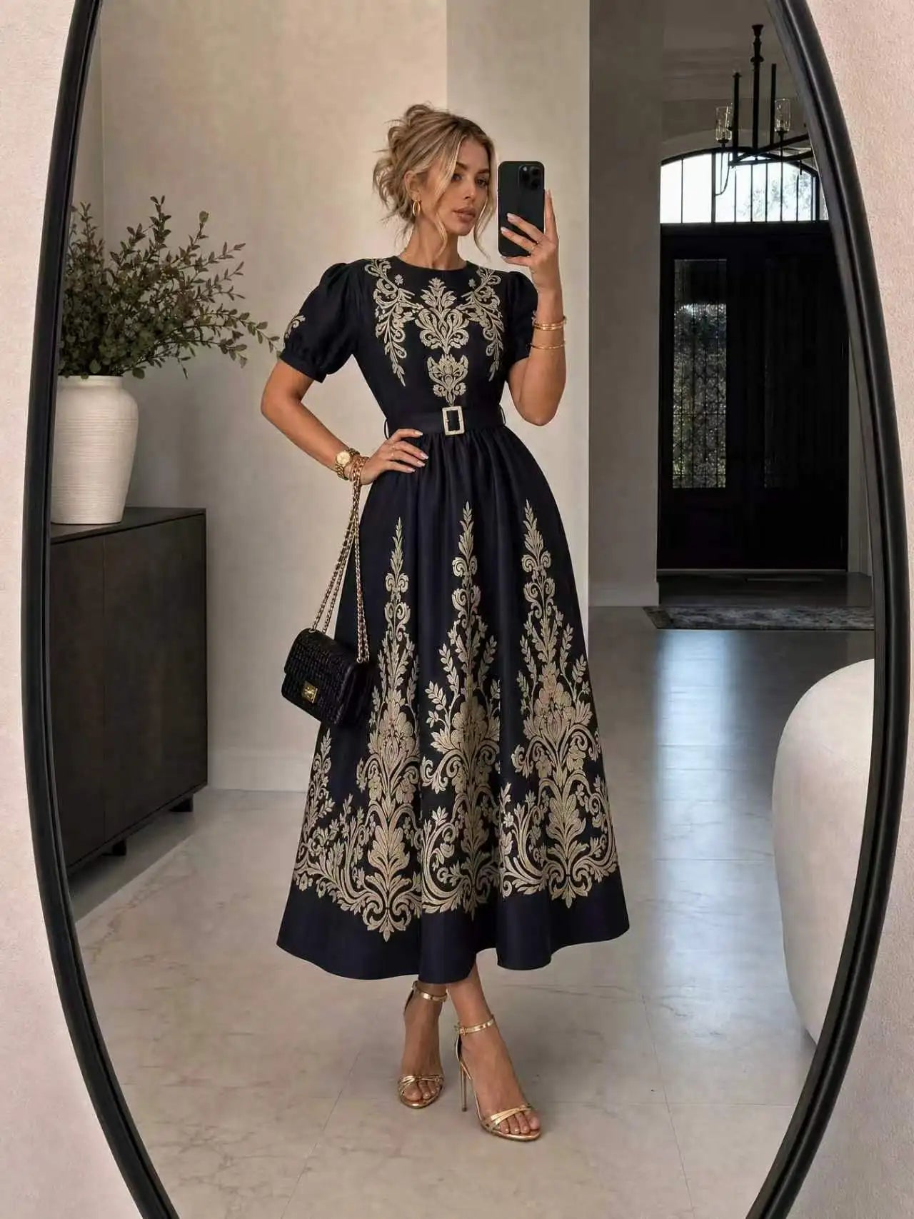 Vintage Gold Floral Print Maxi Short Puff Sleeve Long Dress