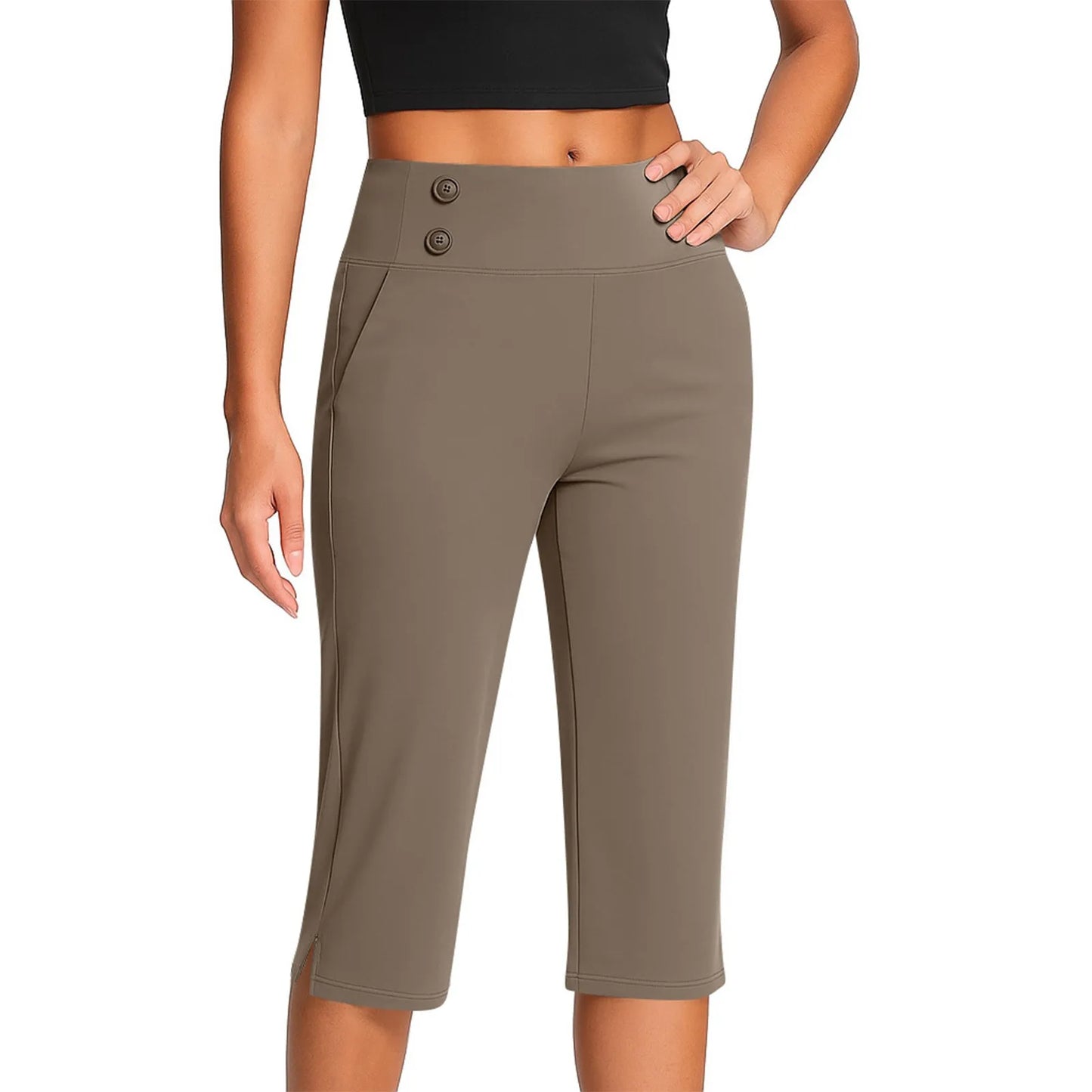 Thin Yoga Button Pocket With Split Hems High Waist Sports Pants