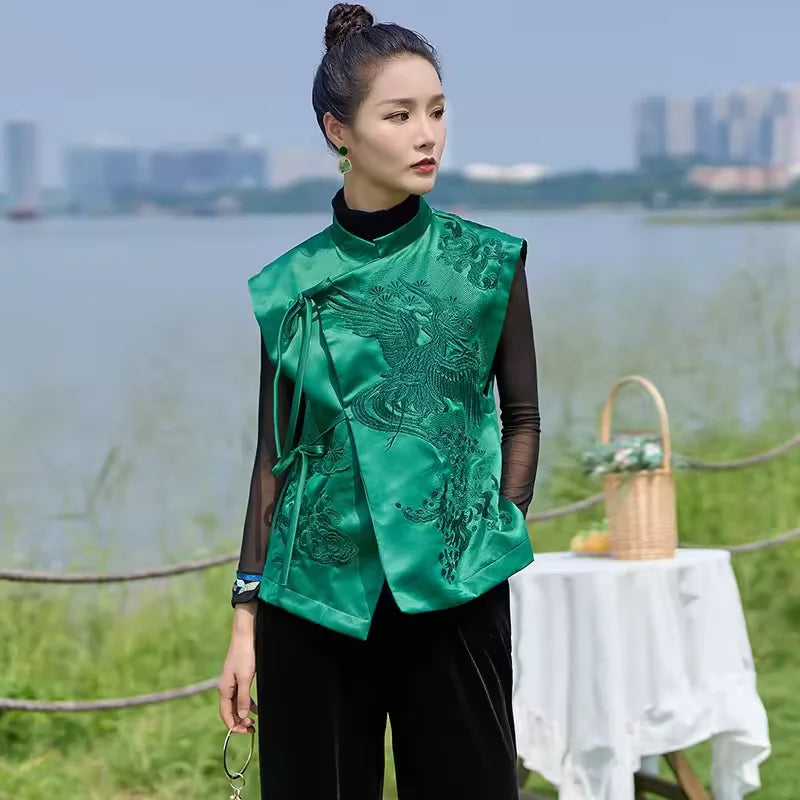 Chinese Style Outerwear Vest Flowers Embroidered Lacing Vests