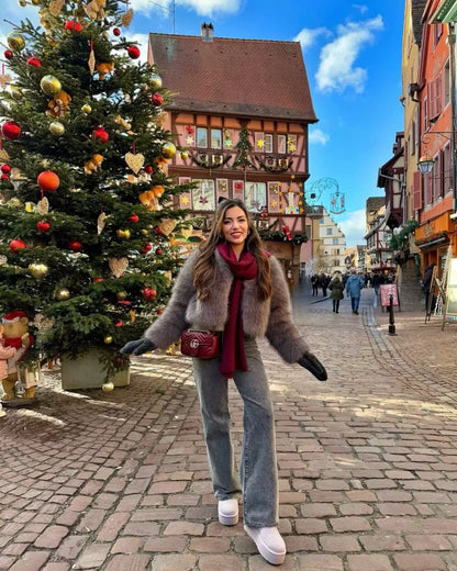Faux fur Fall/Winter Effect Round Neck Long Sleeve Short Jacket