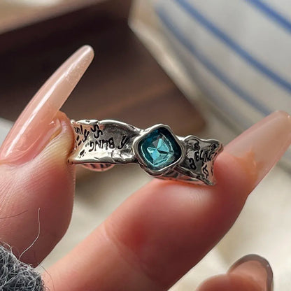 925 Sterling Silver Geometric Adjustable Wide Black Stone Retro Ring