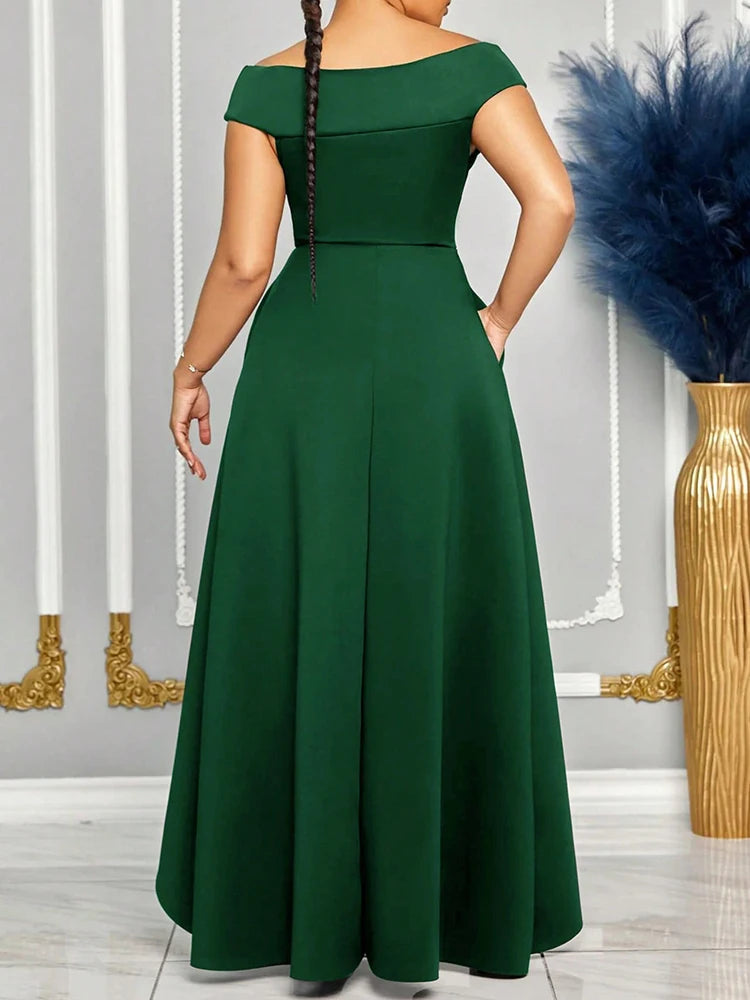 Off Shoulder Evening Solid Maxi Long With Sleeves Dress