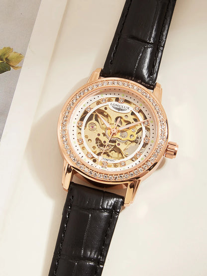 Automatic Diamond Skeleton Cute Mechanical Leather Watches