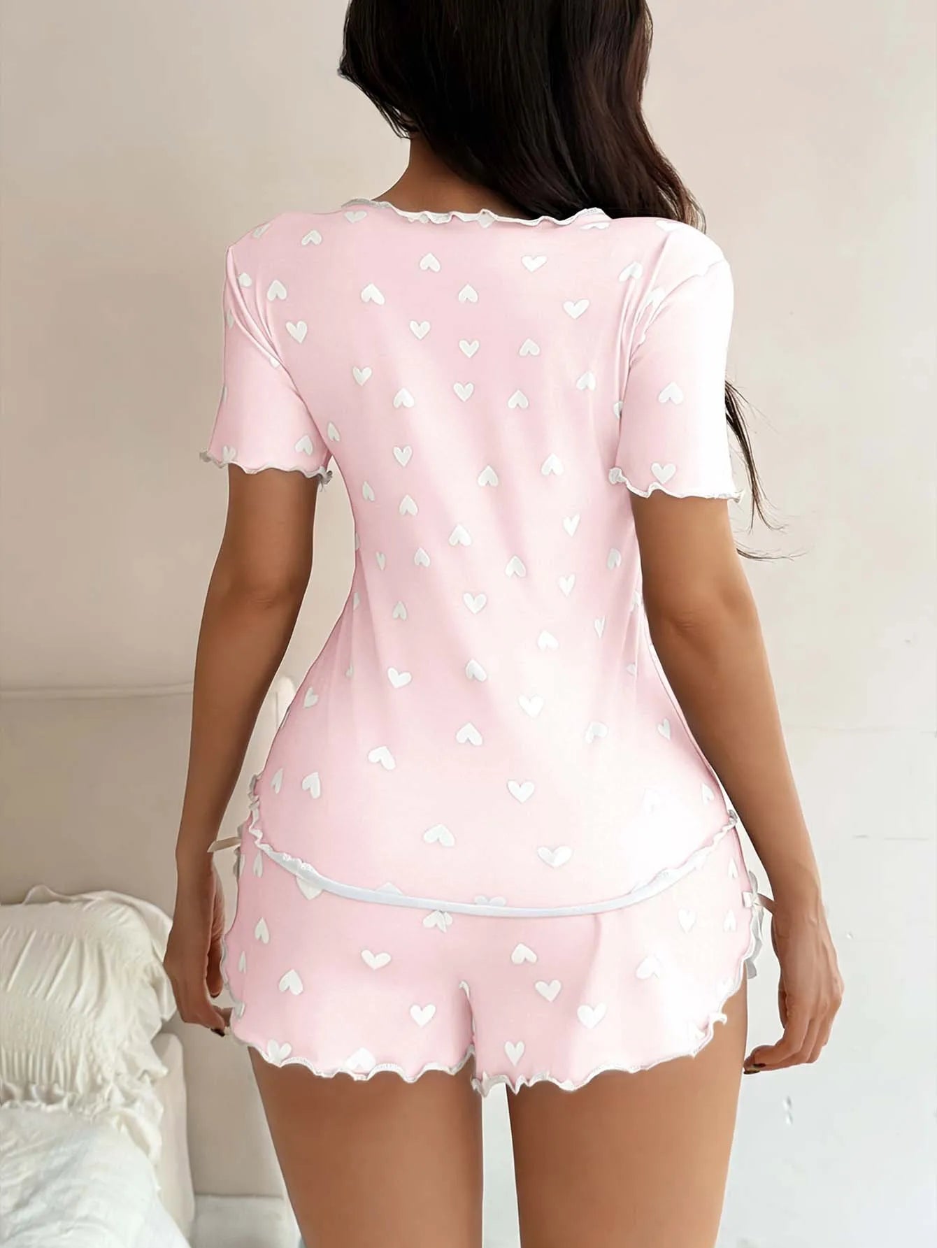 Love Printed Collar Short Sleeve Bow Slim Fit Pajamas