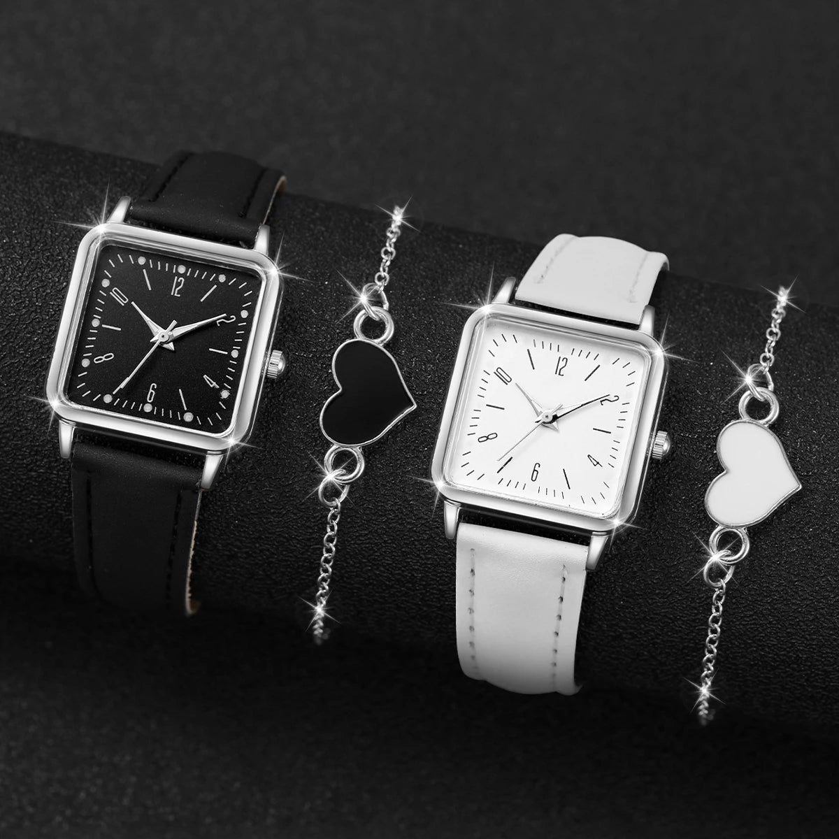 Square Leather Quartz Watches Heart Bracelet Set