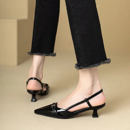 Leather Mid-heel Overhead Skinny Heel Shoes