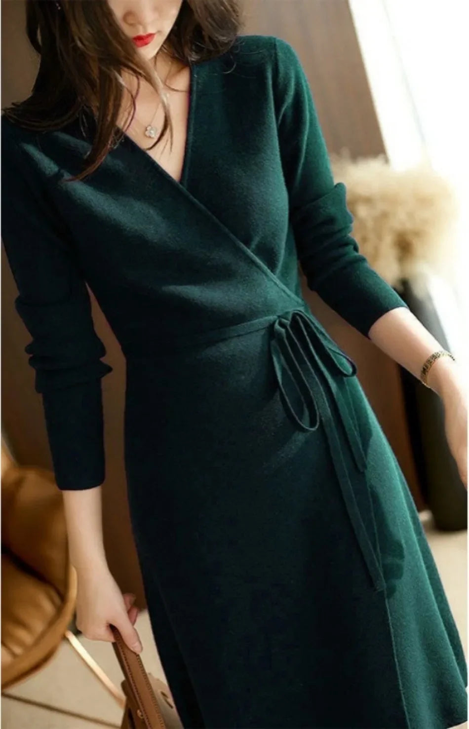 V-neck Wrap Up Loose Elegant Knitted Dress