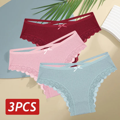 3PCS/Set Cotton Sexy Low Rise Lace Brazilian Panties S-XL