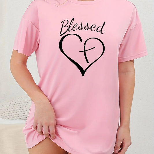 Plus Size Nightgown 3D Printed Heart Short Sleeve Long Tops Micro Stretch Dresses