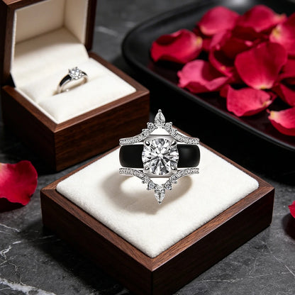 3pcs Pear Shaped Diamond Simulant Crown Black Silicone Ring Set