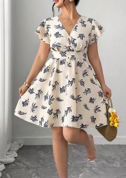 Plus Size Gentle Apricot & Navy Cotton Linen Leaf Dress