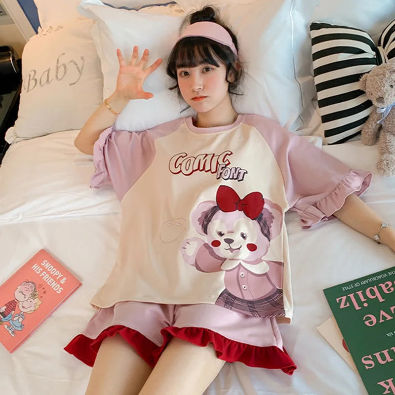Short-Sleeved Loose Large Size Princess Style Strawberry Dinosaur Kawaii CutePajamas Sets
